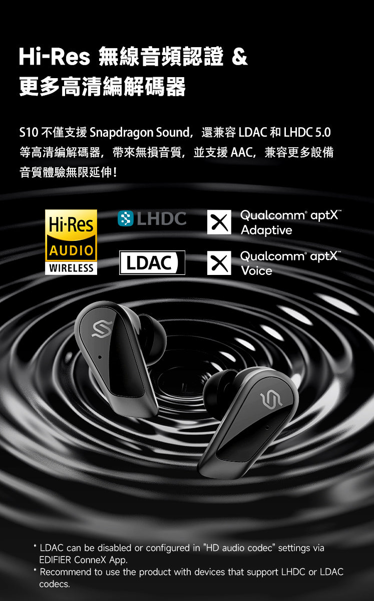 EDIFIER S10 真無線藍牙耳機 | 12mm 平面振膜 Hybrid ANC Hi-Res 認證