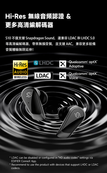 EDIFIER S10 真無線藍牙耳機 | 12mm 平面振膜 Hybrid ANC Hi-Res 認證