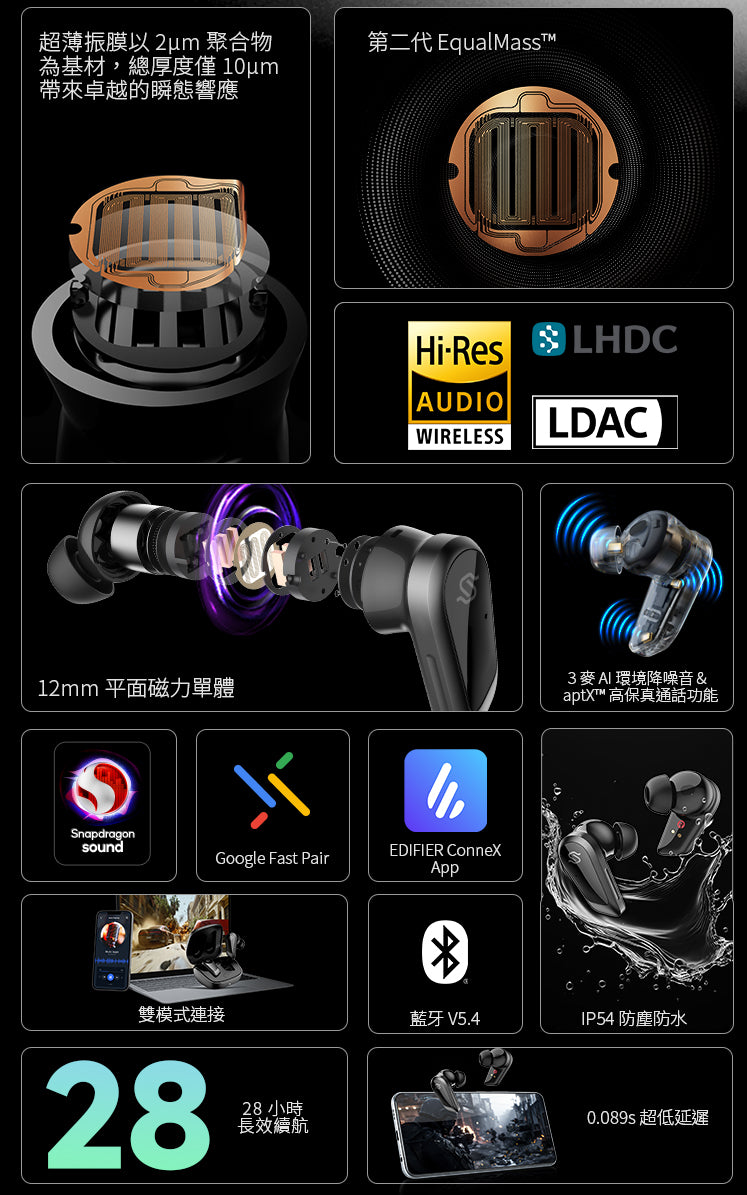 EDIFIER S10 真無線藍牙耳機 | 12mm 平面振膜 Hybrid ANC Hi-Res 認證