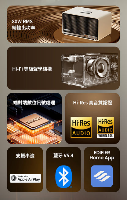 EDIFIER S300 旗艦一體式藍牙喇叭｜復古設計 Hi-Fi 音質 AirPlay2 串流